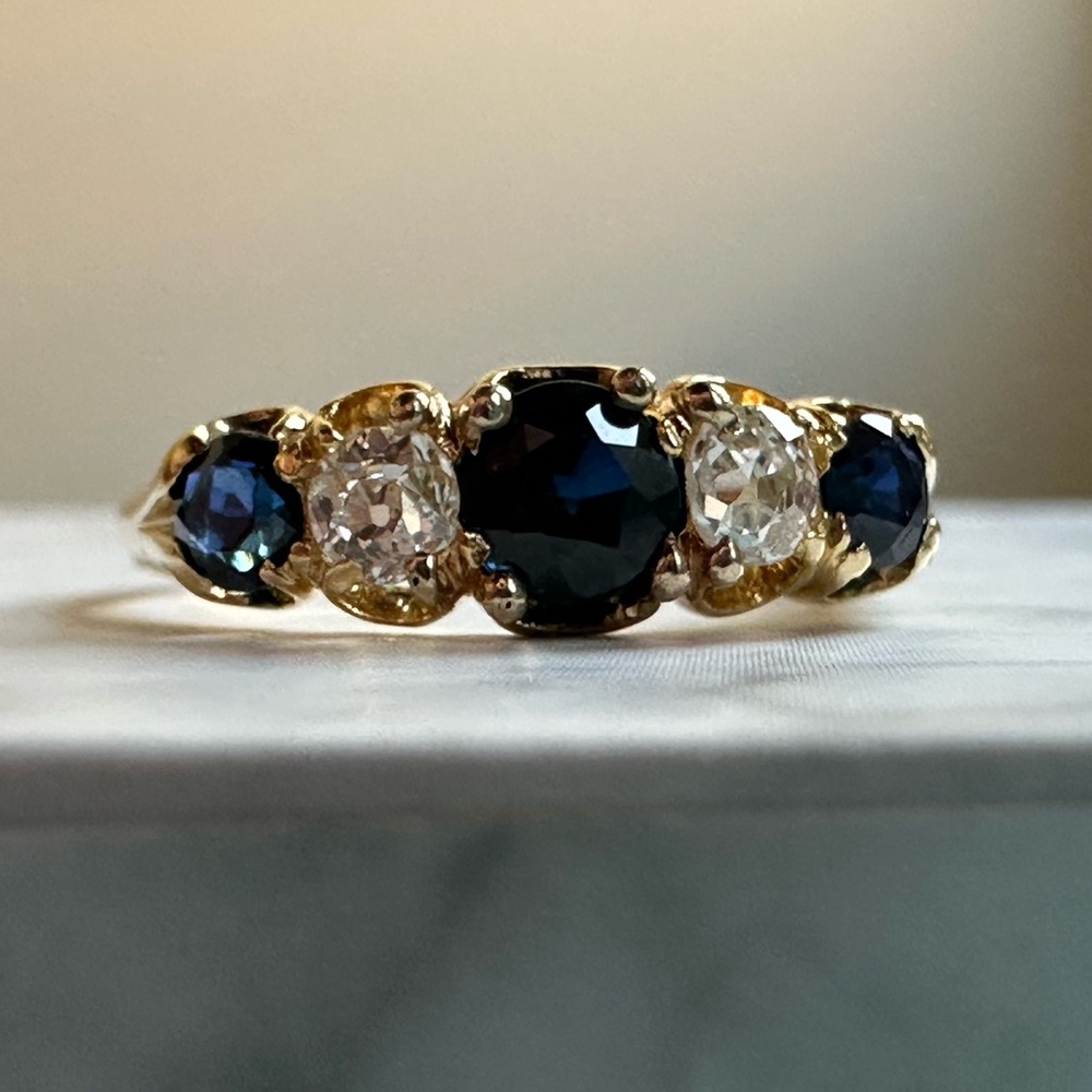 Antique 18K Gold Sapphire & Old Mine Diamond Victorian 5-Stone Ring Size 5.5 - Picture 5 of 15